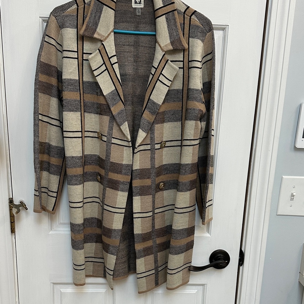 Anne Klein Long Stylish Plaid Sweater with Gold Buttons - Picture 2 of 5